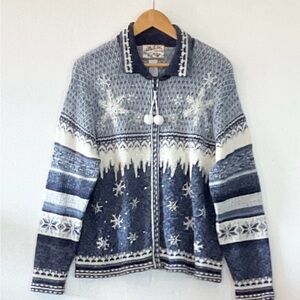 Heirloom Collectibles Womens L Knit Cardigan Blue/White Full Zip Embellished